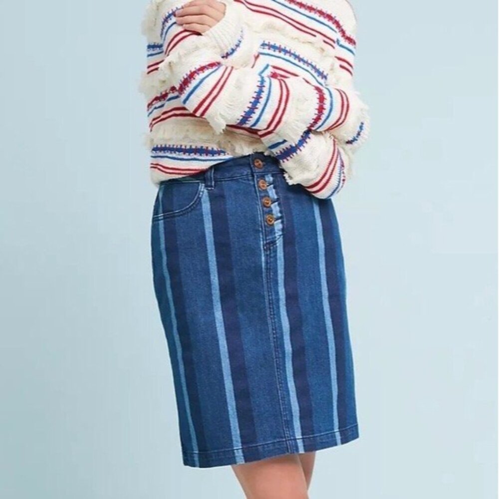 Anthropologie | Maeve Striped Blue Denim Pencil Skirt